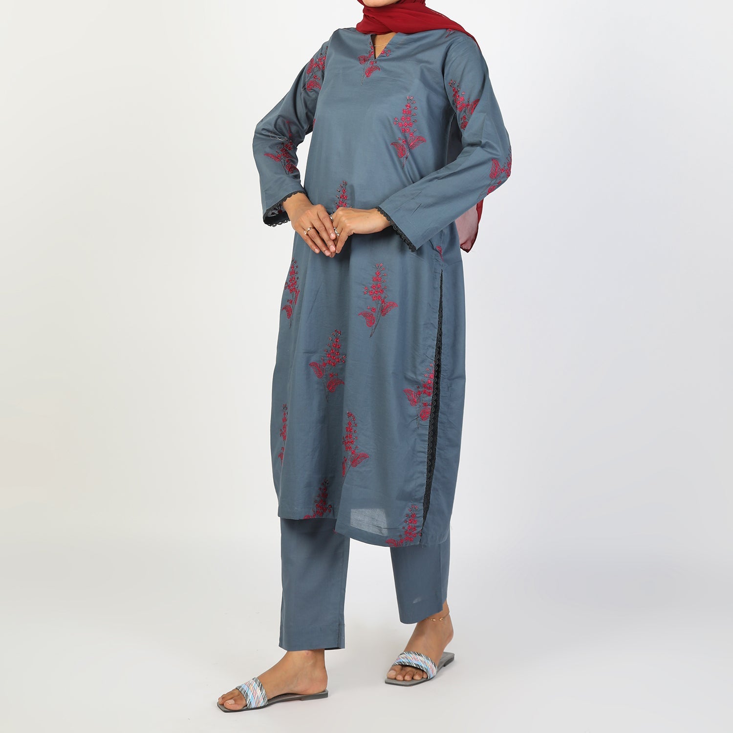 Women's Embroidered Eastern Co-ord Set - Grey, Women Co-Ord Set, Chase Value, Chase Value