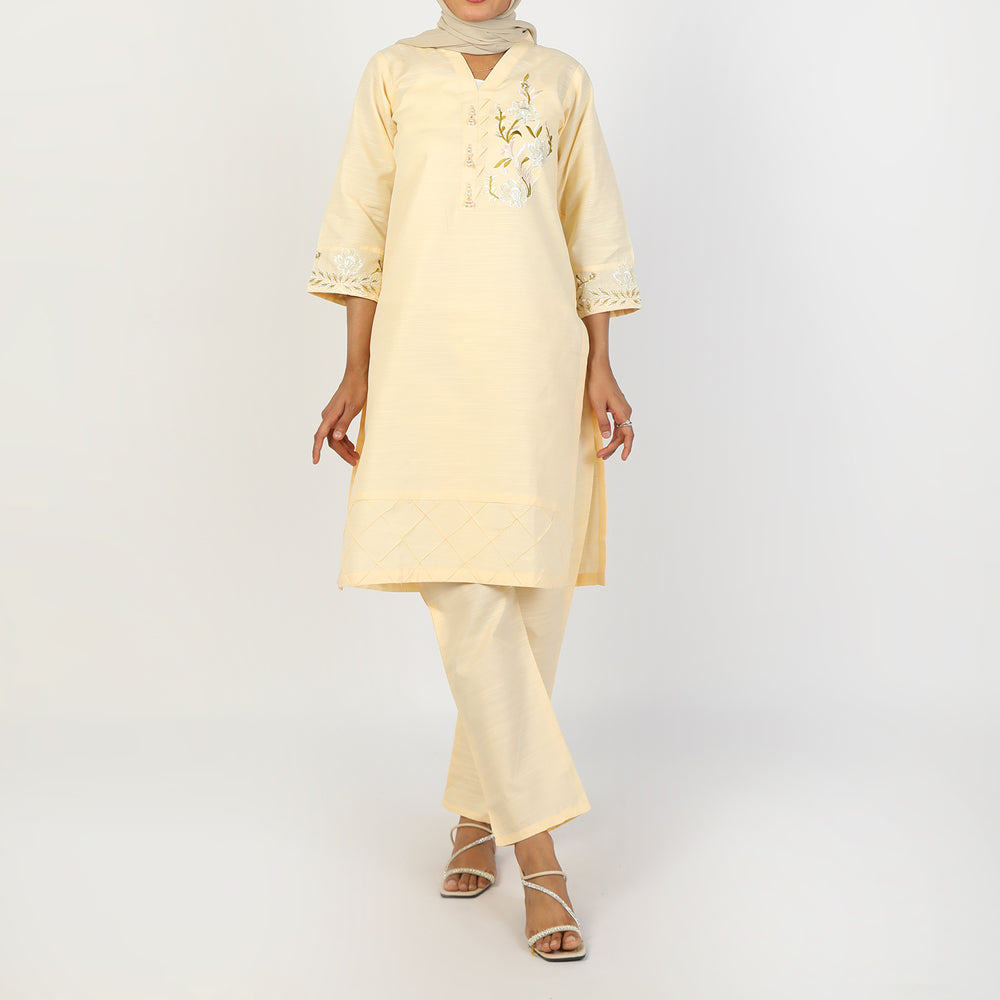 Women's Slub 2Pcs Suit - Cream, Women Shalwar Suits, Chase Value, Chase Value