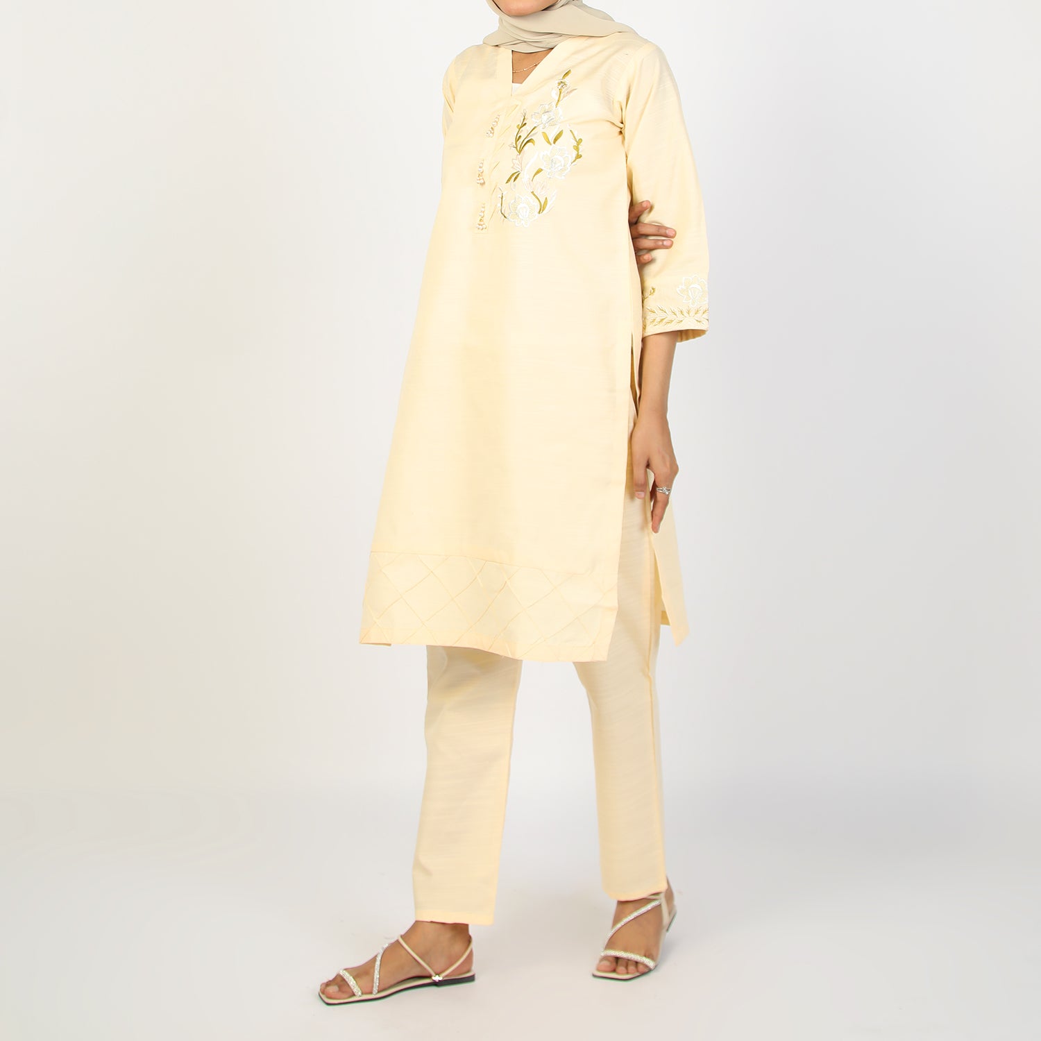 Women's Slub 2Pcs Suit - Cream, Women Shalwar Suits, Chase Value, Chase Value