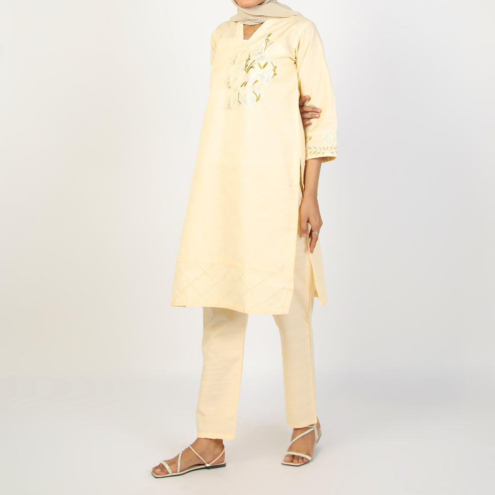 Women's Slub 2Pcs Suit - Cream, Women Shalwar Suits, Chase Value, Chase Value