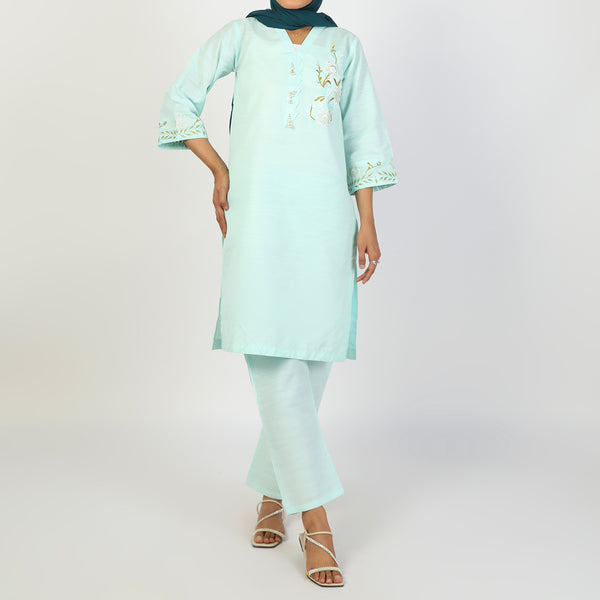 Women's Slub 2Pcs Suit - Cyan