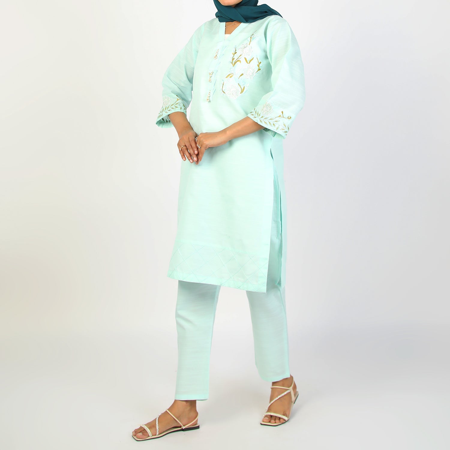 Women's Slub 2Pcs Suit - Cyan, Women Shalwar Suits, Chase Value, Chase Value
