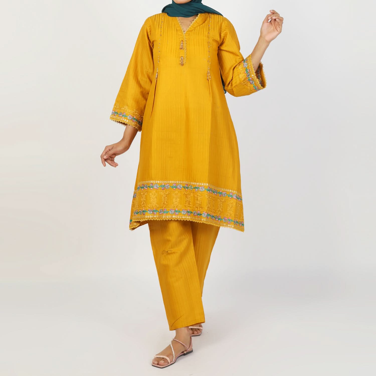 Women's Dorya 2Pcs Suit - Mustard, Women Shalwar Suits, Chase Value, Chase Value