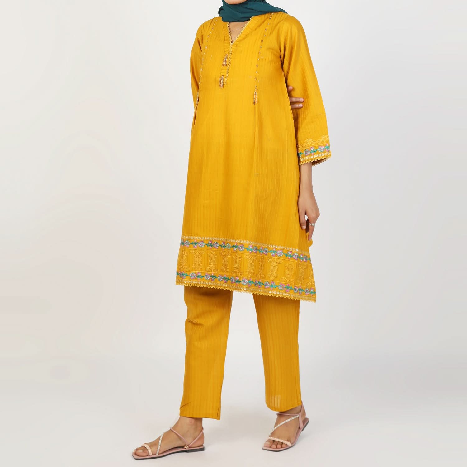 Women's Dorya 2Pcs Suit - Mustard, Women Shalwar Suits, Chase Value, Chase Value