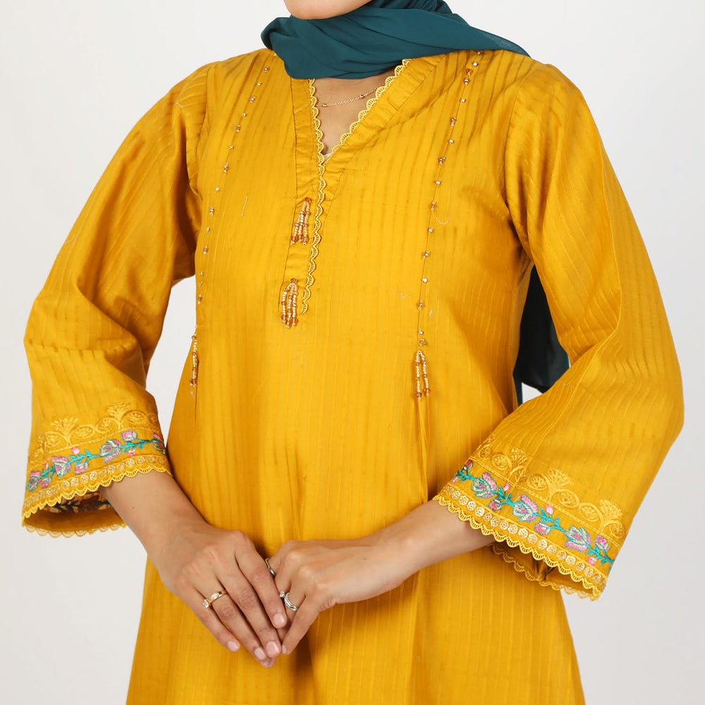 Women's Dorya 2Pcs Suit - Mustard, Women Shalwar Suits, Chase Value, Chase Value
