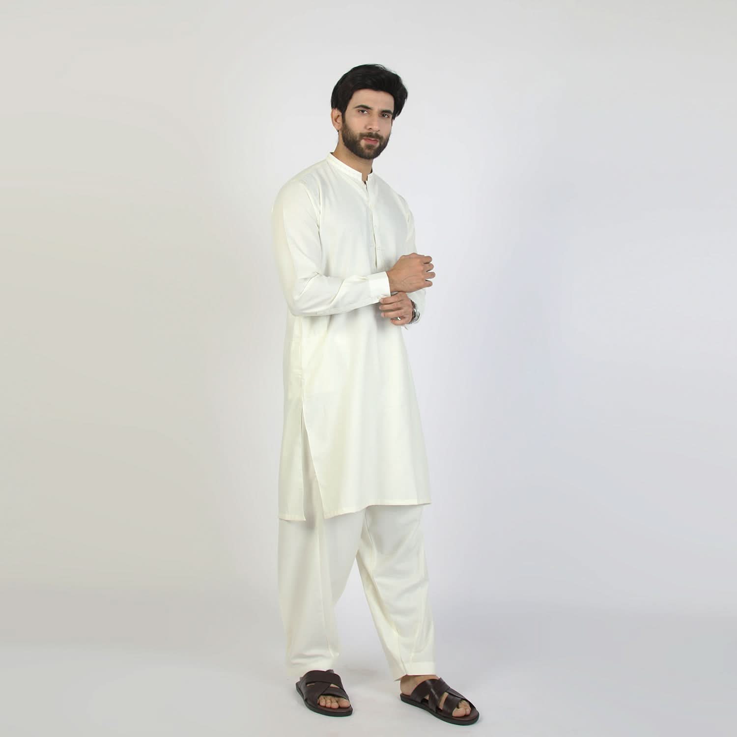 Eminent Men's Trim Fit Embrioded Shalwar Suit - Off White, Men's Shalwar Kameez, Eminent, Chase Value