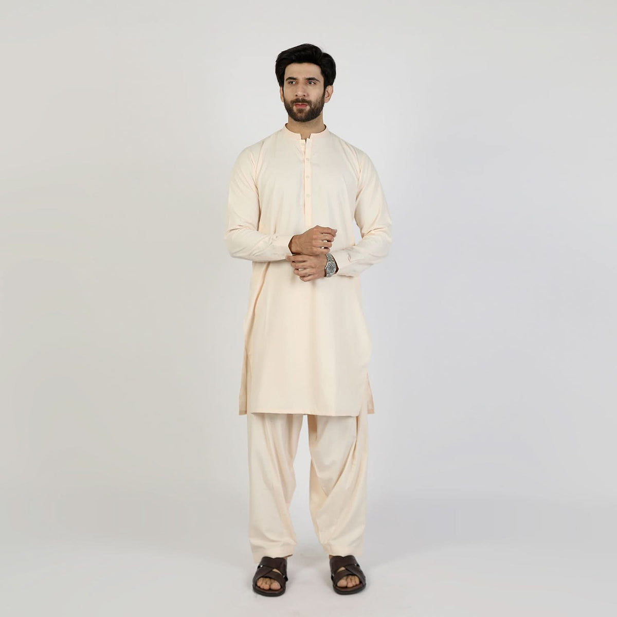 Eminent Men's Trim Fit Embrioded Shalwar Suit - Fawn, Men's Shalwar Kameez, Eminent, Chase Value