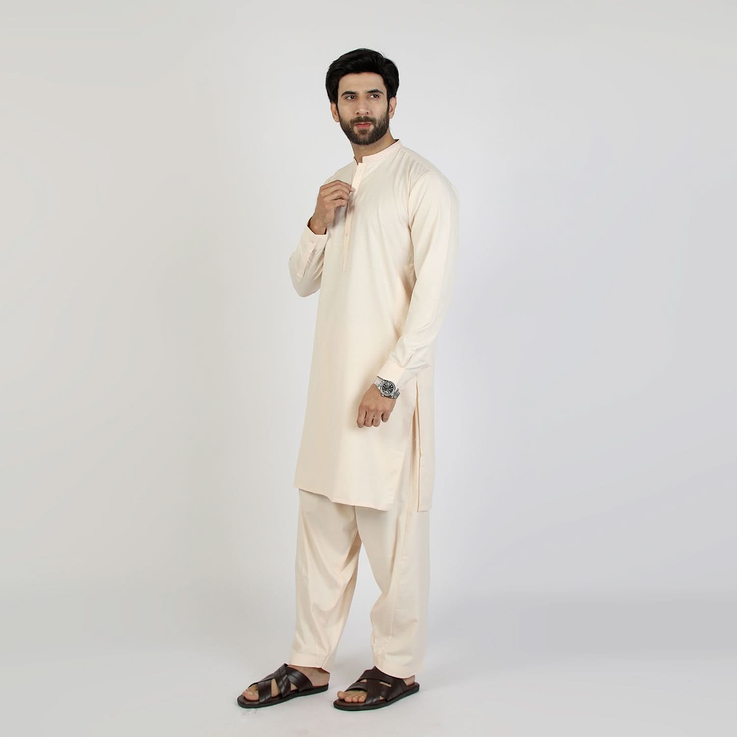 Eminent Men's Trim Fit Embrioded Shalwar Suit - Fawn, Men's Shalwar Kameez, Eminent, Chase Value