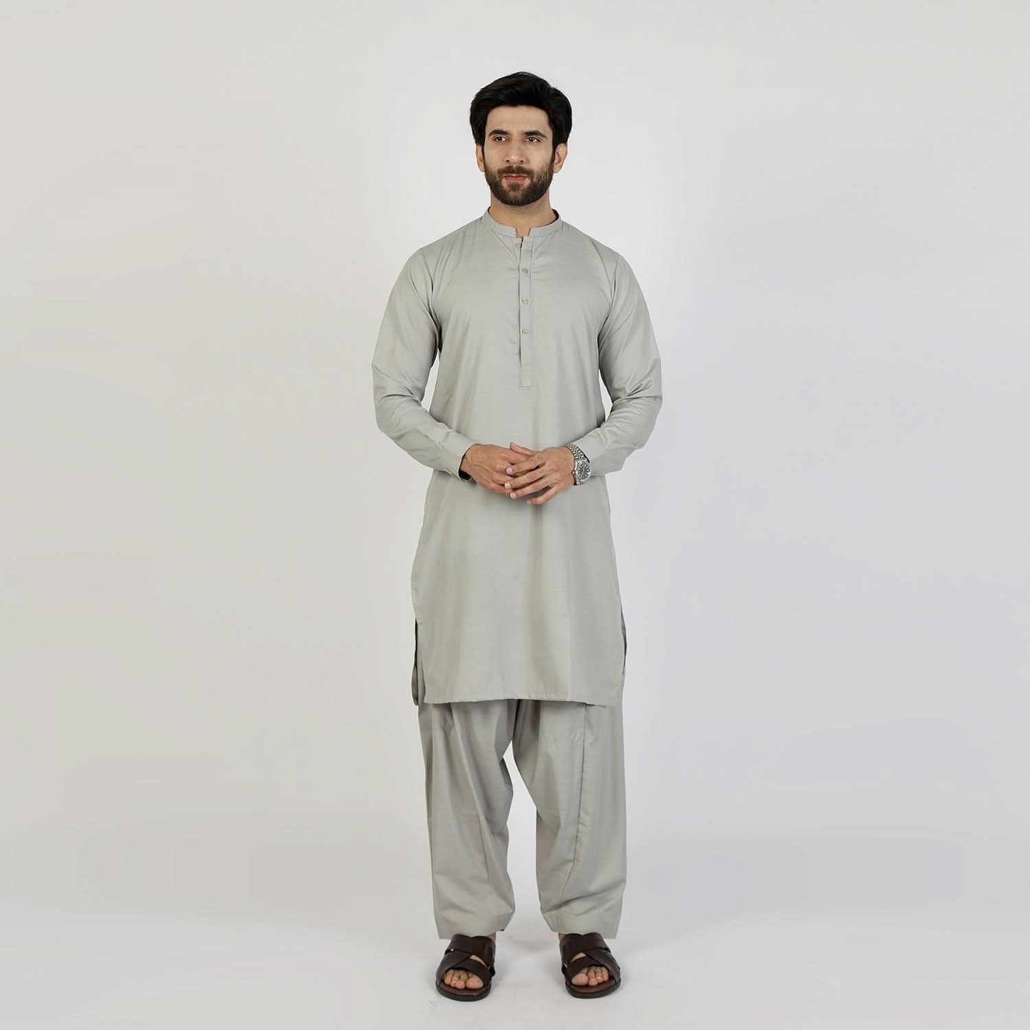 Eminent Men's Trim Fit Embrioded Shalwar Suit - Grey, Men's Shalwar Kameez, Eminent, Chase Value
