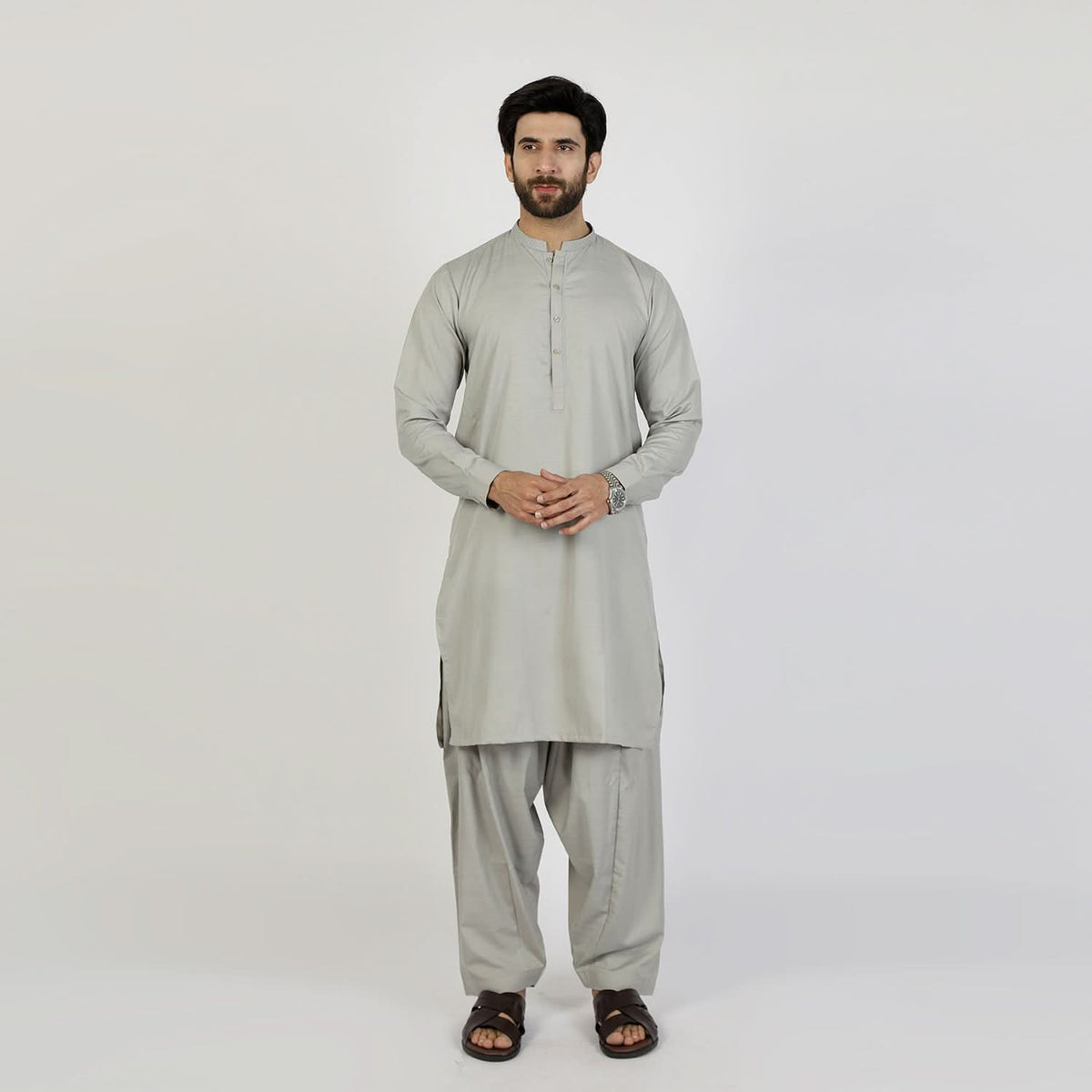 Eminent Men's Trim Fit Embrioded Shalwar Suit - Grey, Men's Shalwar Kameez, Eminent, Chase Value