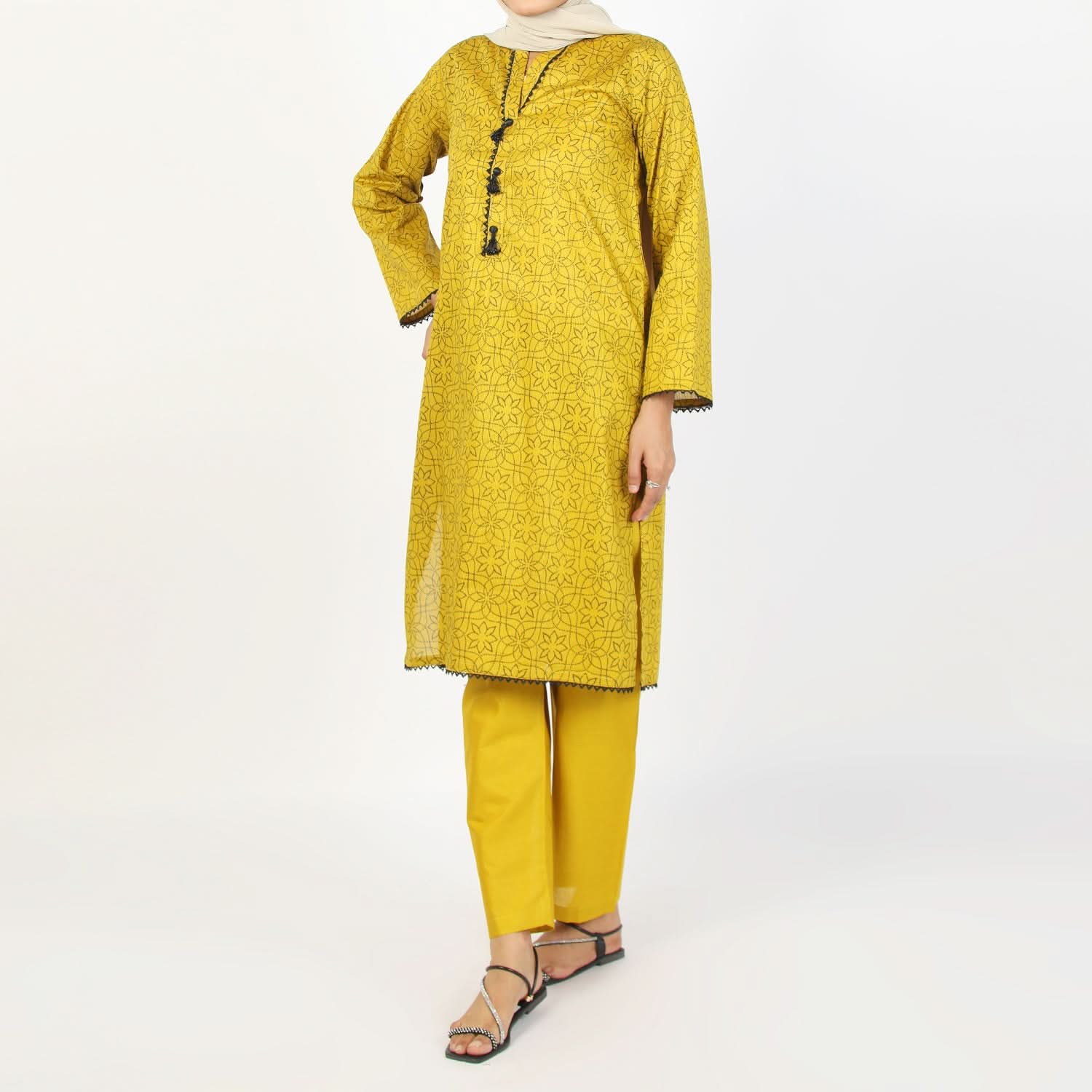 Women's Printed 3Pcs Suit - Mustard, Women Shalwar Suits, Chase Value, Chase Value