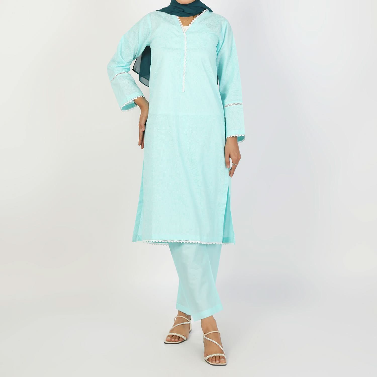 Women's Printed 3Pcs Suit - Cyan, Women Shalwar Suits, Chase Value, Chase Value
