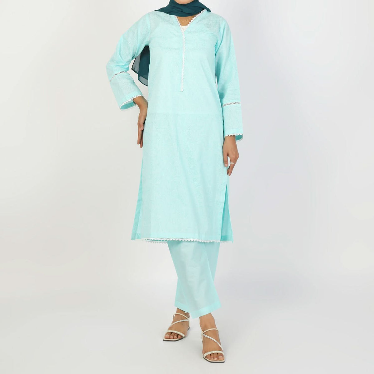 Women's Printed 3Pcs Suit - Cyan, Women Shalwar Suits, Chase Value, Chase Value