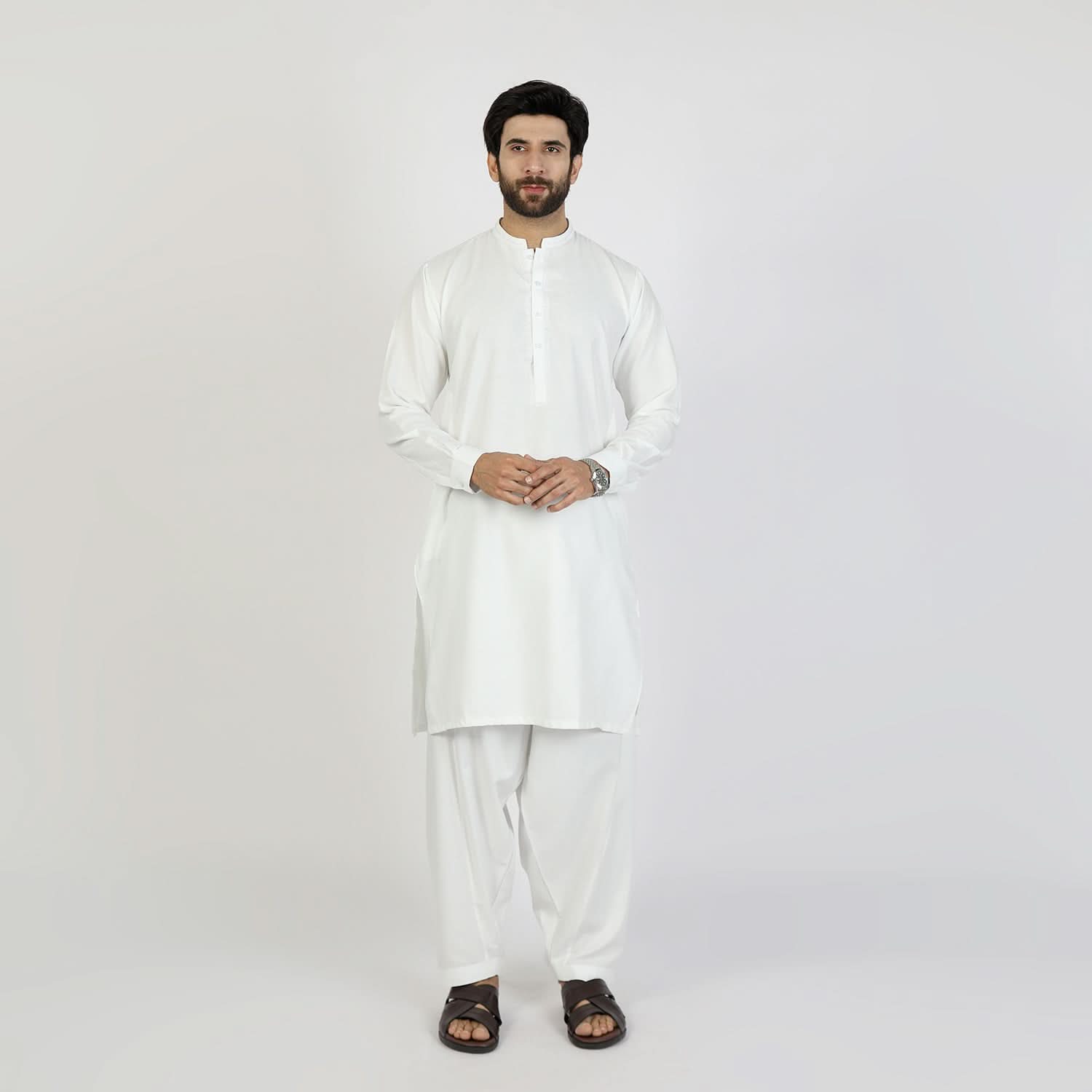 Eminent Men's Trim Fit Embrioded Shalwar Suit - White, Men's Shalwar Kameez, Eminent, Chase Value