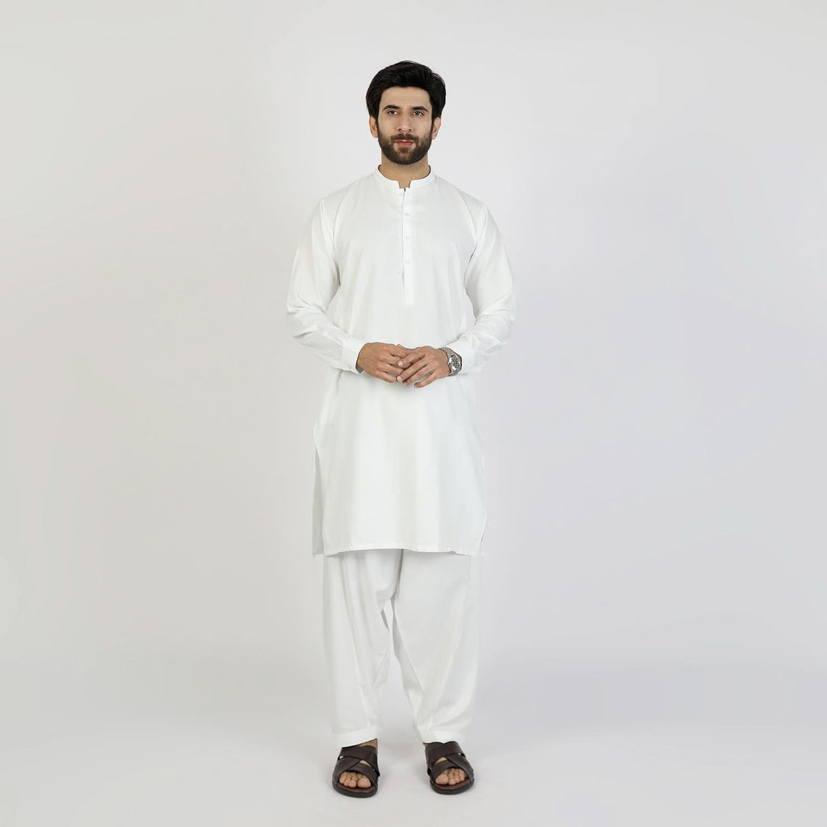 Eminent Men's Trim Fit Embrioded Shalwar Suit - White, Men's Shalwar Kameez, Eminent, Chase Value