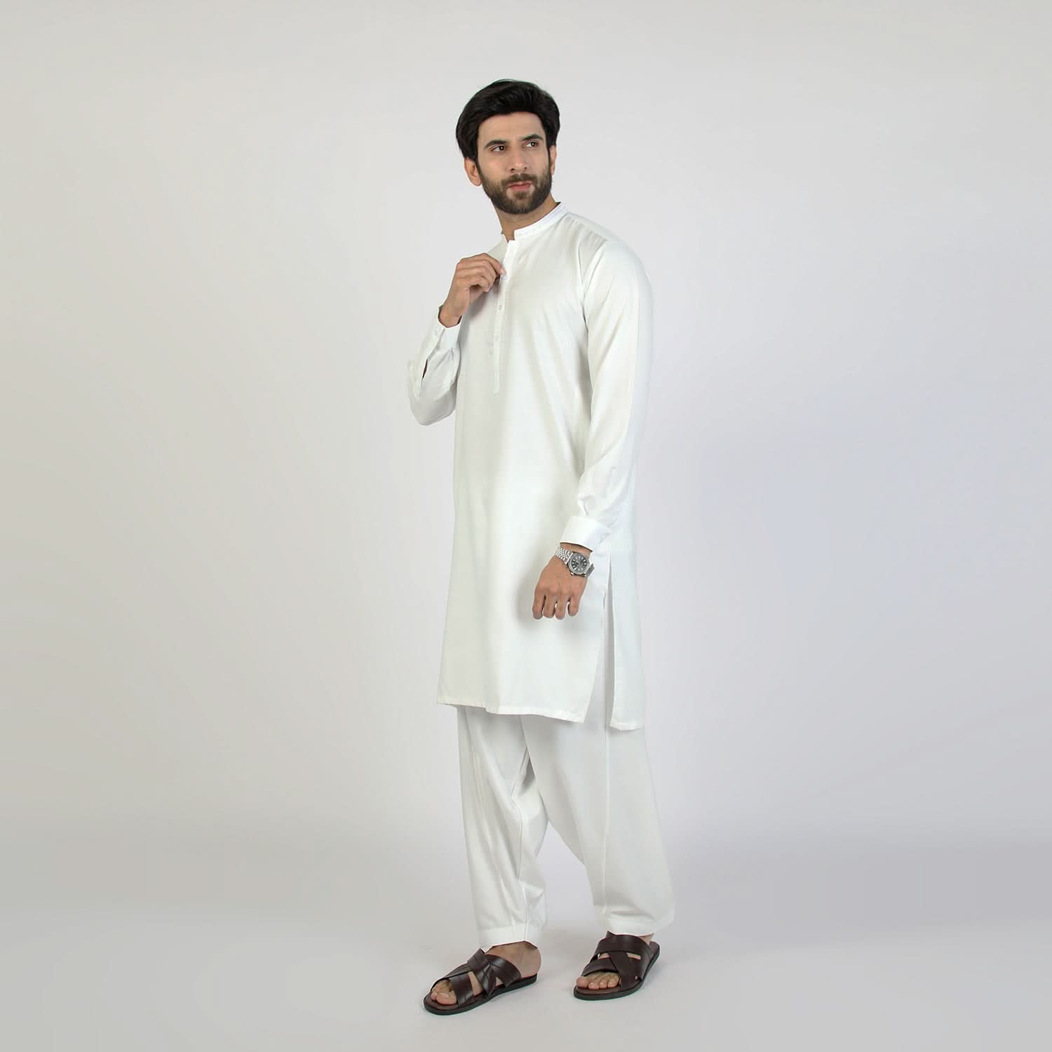 Eminent Men's Trim Fit Embrioded Shalwar Suit - White, Men's Shalwar Kameez, Eminent, Chase Value