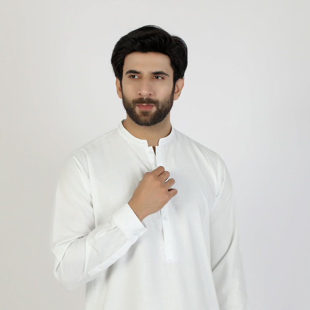 Eminent Men's Trim Fit Embrioded Shalwar Suit - White, Men's Shalwar Kameez, Eminent, Chase Value