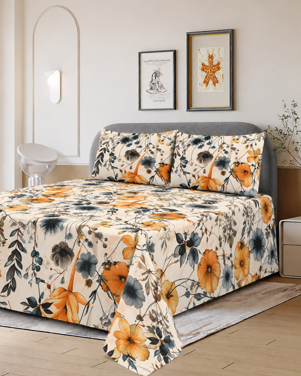 Printed Cotton Double Bed Sheets - 3 Pcs - 94 x 98 Inch
