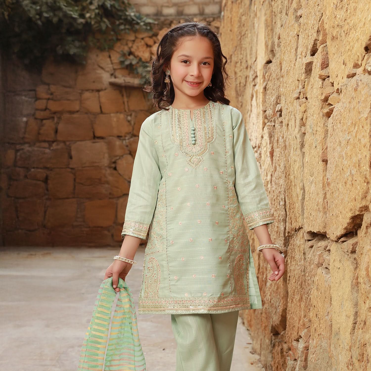 Eminent Girls Embroidered 3Pcs Shalwar Suit - Sea Green, Girls Suits, Eminent, Chase Value