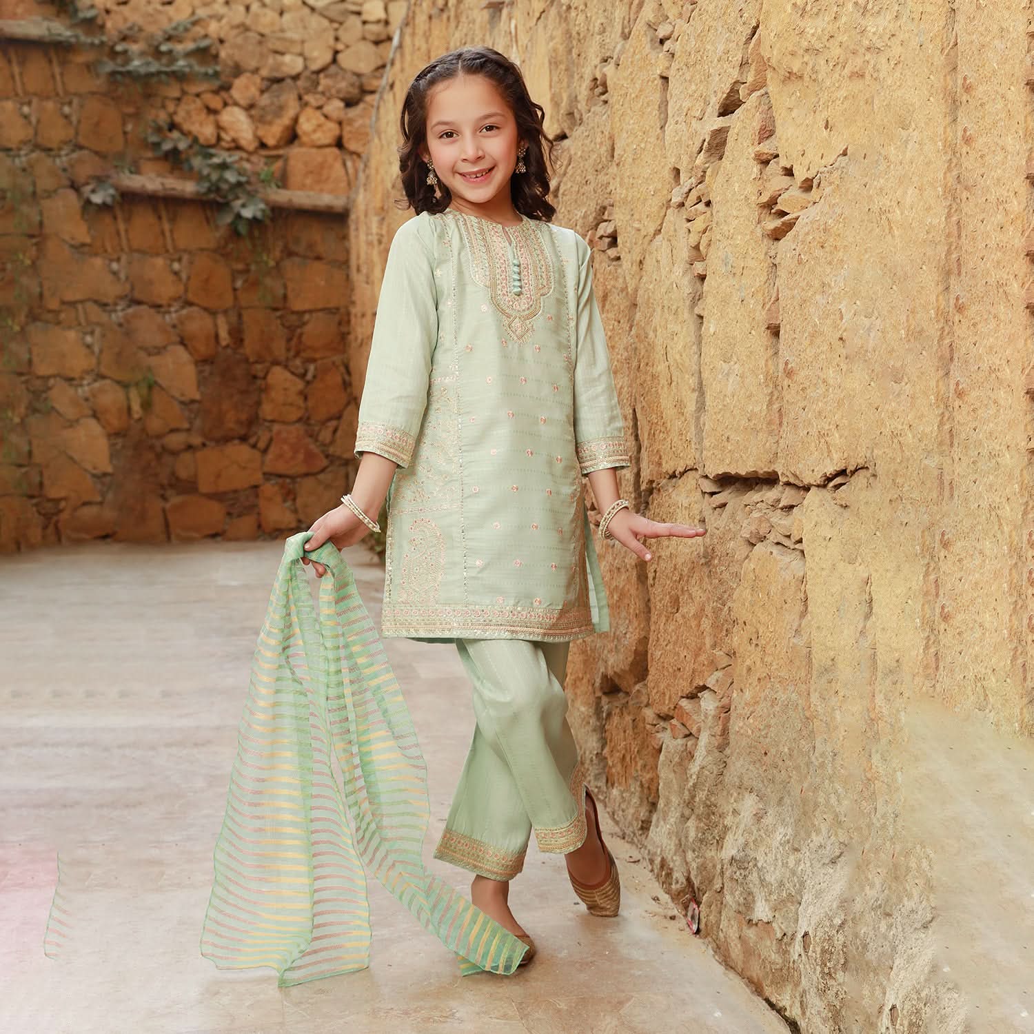 Eminent Girls Embroidered 3Pcs Shalwar Suit - Sea Green, Girls Suits, Eminent, Chase Value