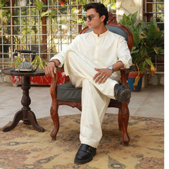 Eminent Men's Trim Fit Embrioded Shalwar Suit - Cream