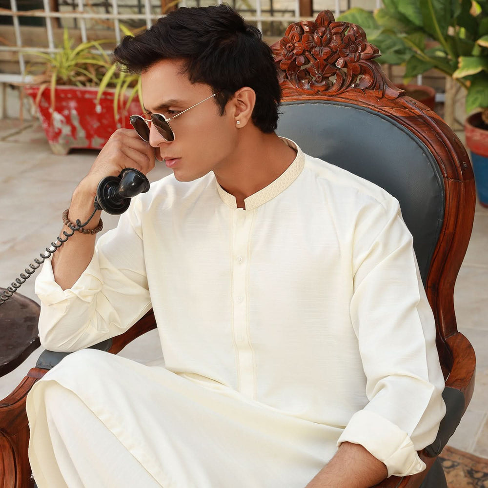 Eminent Men's Trim Fit Embrioded Shalwar Suit - Cream, Men's Shalwar Kameez, Eminent, Chase Value