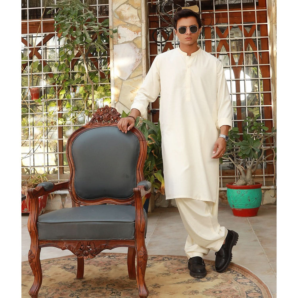 Eminent Men's Trim Fit Embrioded Shalwar Suit - Cream, Men's Shalwar Kameez, Eminent, Chase Value