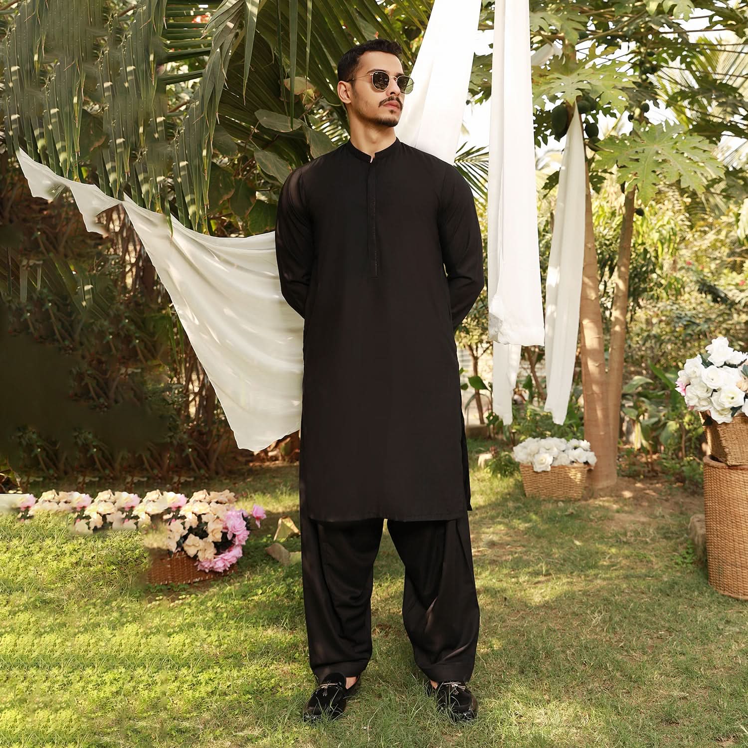 Eminent Men's Trim Fit Embroided Shalwar  Suit - Black, Men's Shalwar Kameez, Eminent, Chase Value