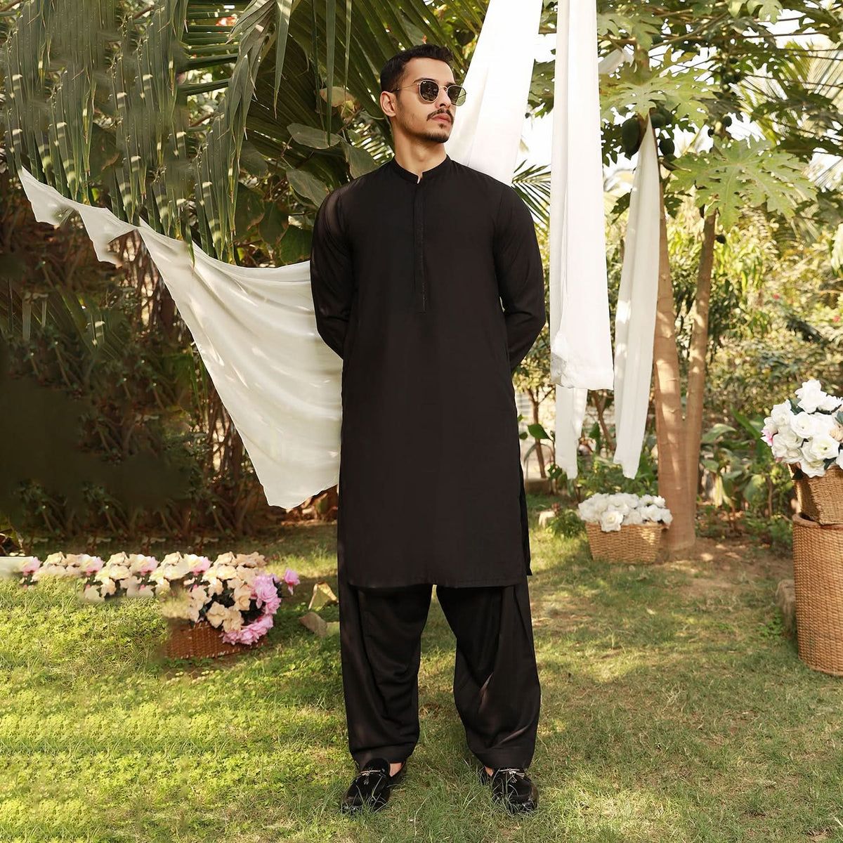 Eminent Men's Trim Fit Embroided Shalwar  Suit - Black, Men's Shalwar Kameez, Eminent, Chase Value