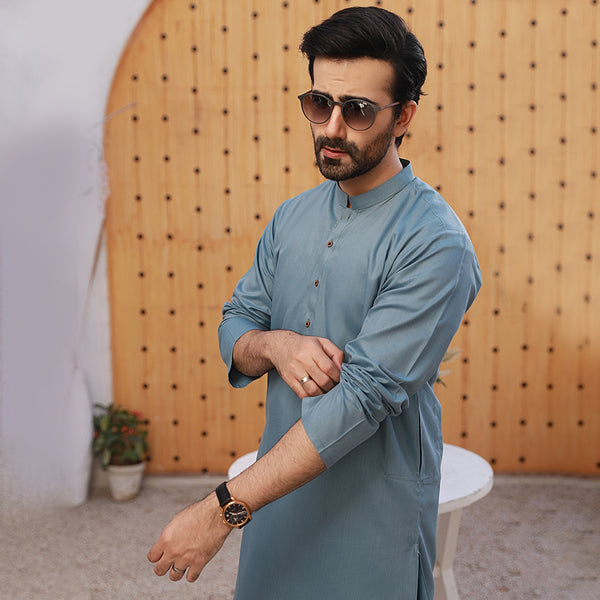 Men's Plain Kurta Shalwar Suit - Blue