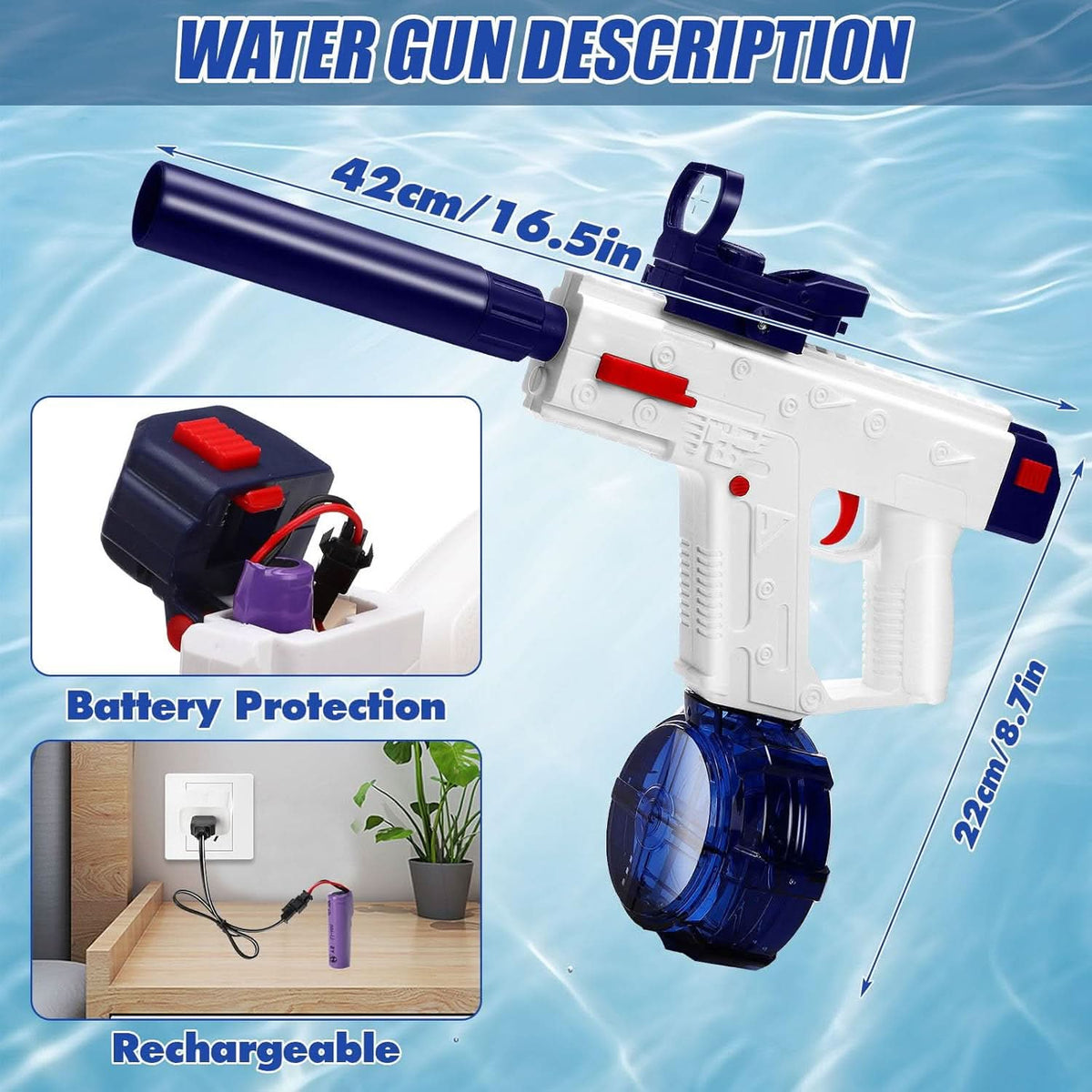 B/O Water Gun – Battery Operated Water Blaster - Blue & White, Weapon Toys, Chase Value, Chase Value