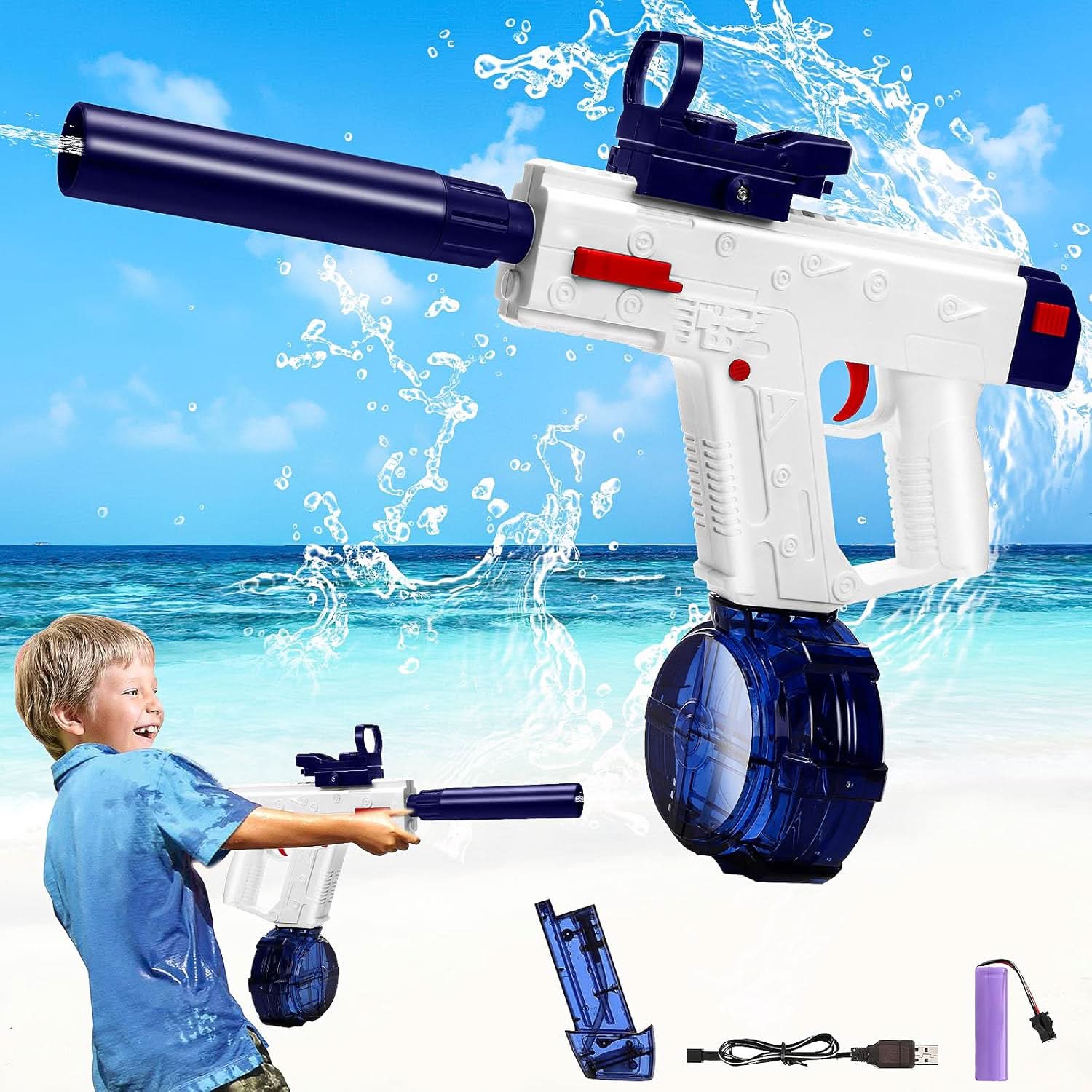 B/O Water Gun – Battery Operated Water Blaster - Blue & White, Weapon Toys, Chase Value, Chase Value