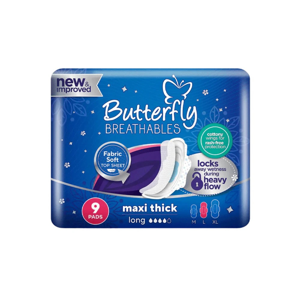 Butterfly Breathable Maxi Thick Large Pads 9-Pack, Sanitory Napkins, Butterfly, Chase Value