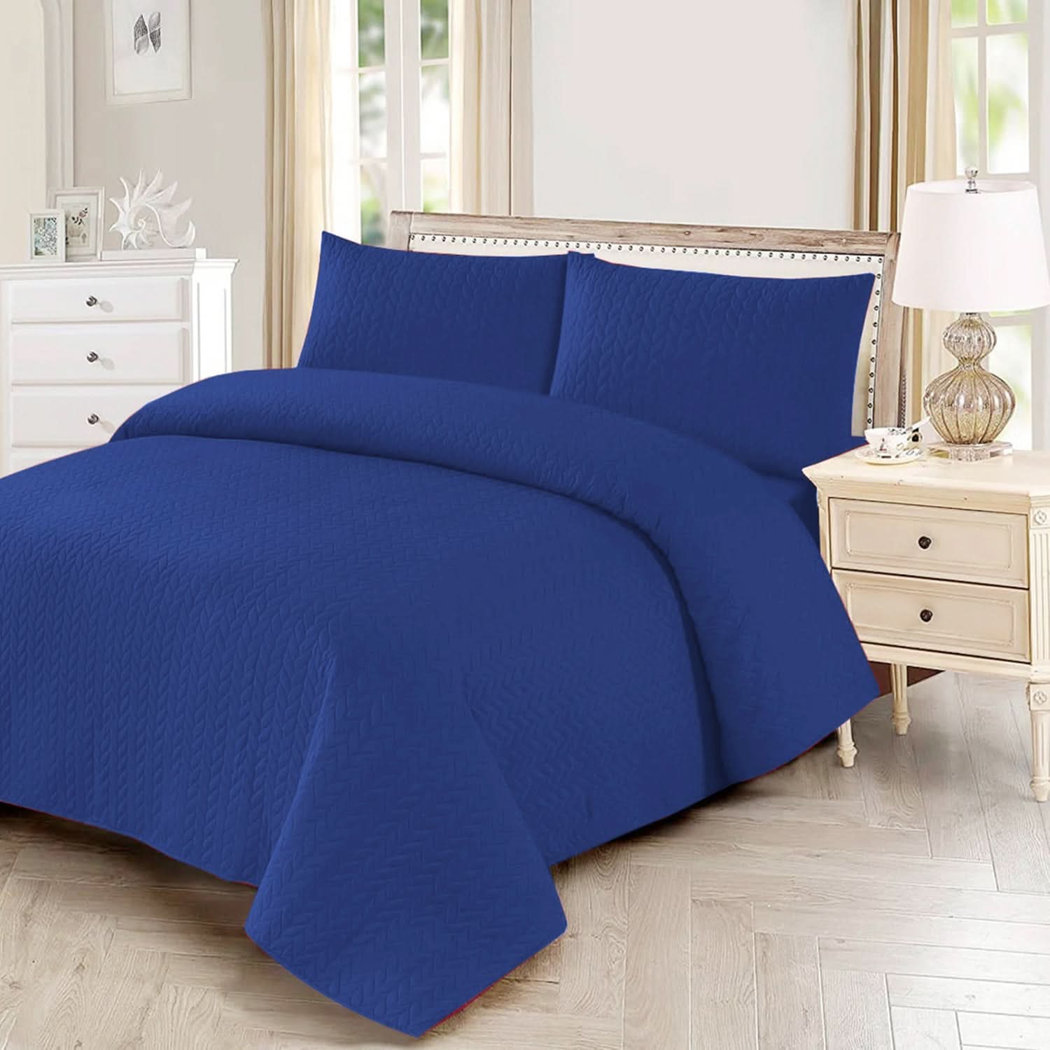 Queen bedspread Set 3 Pcs - Navy Blue, Double Size Bed Sheet, Chase Value, Chase Value