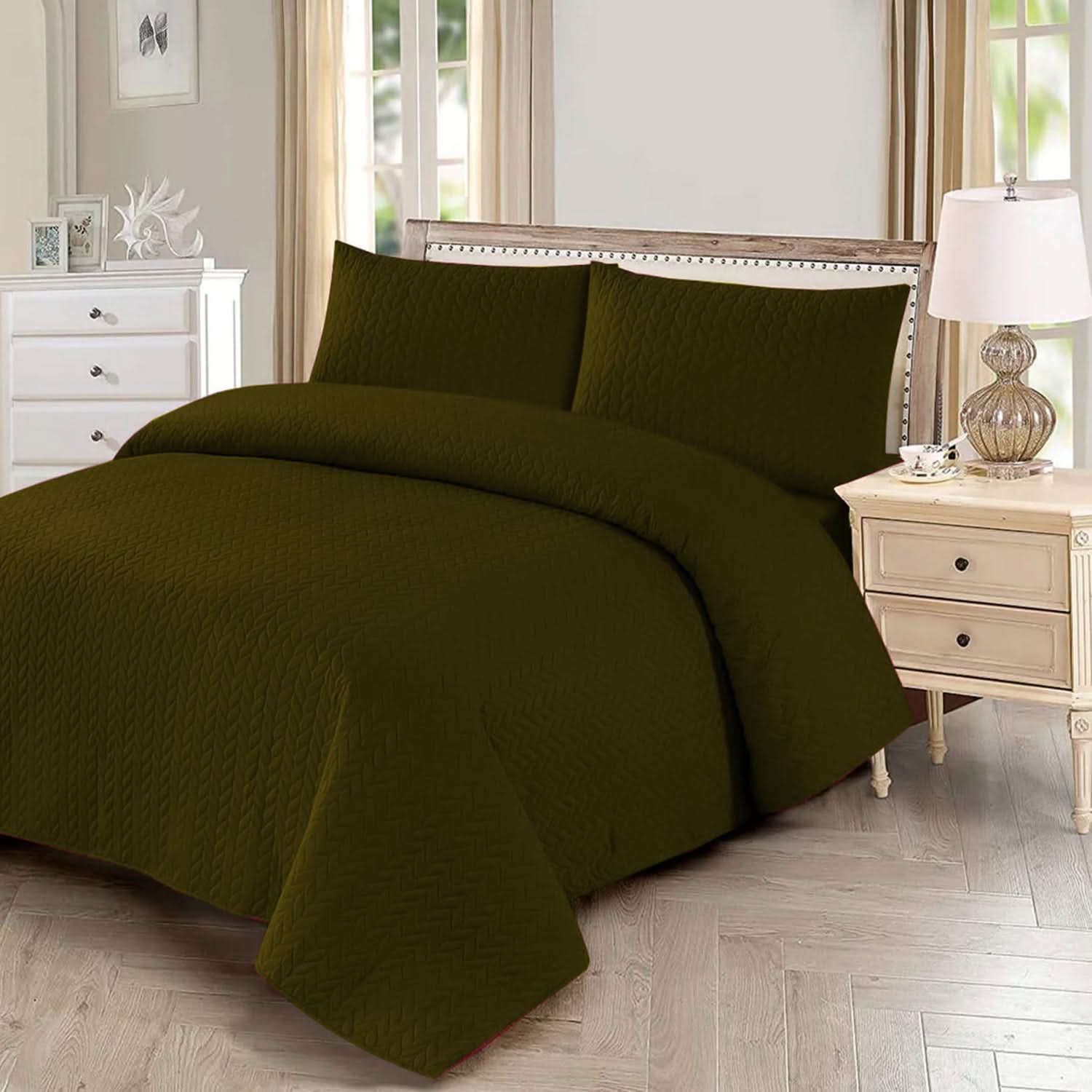 Queen bedspread Set 3 Pcs - Olive & Green, Double Size Bed Sheet, Chase Value, Chase Value