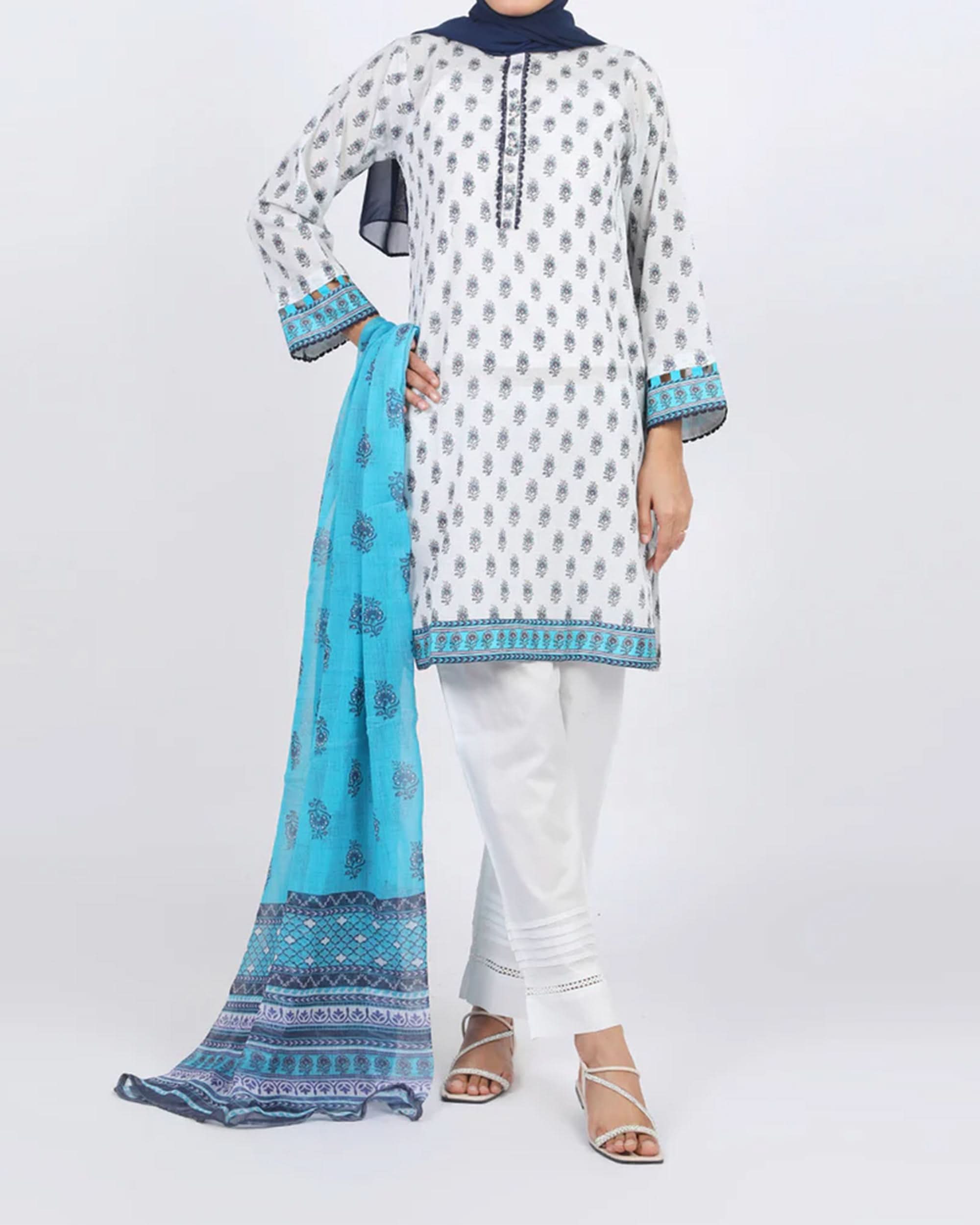 Women’s Stitched 3-Piece Cotton Suit – White & Blue, Women Shalwar Suits, Eminent, Chase Value