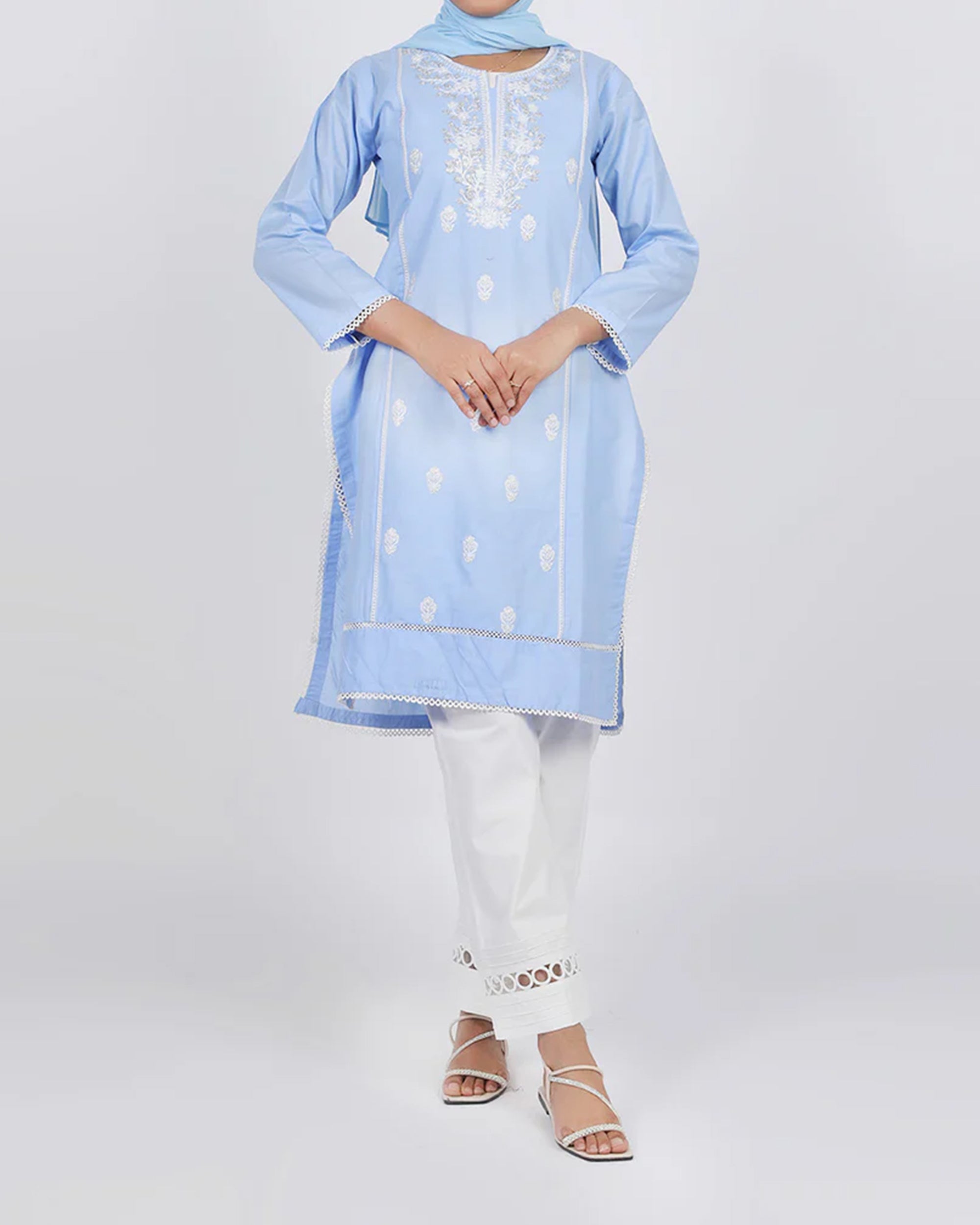 Women's Embroidered Kurti - Sky Blue, Women Ready Kurtis, Chase Value, Chase Value