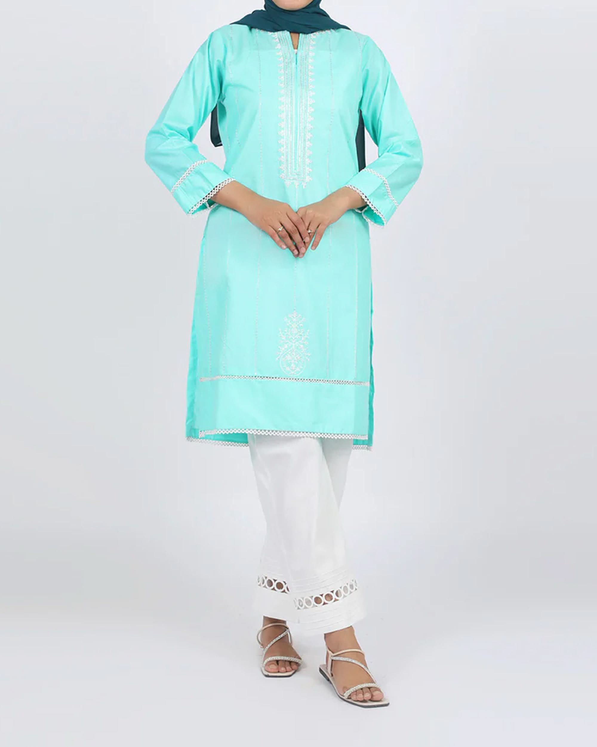 Women's Embroidered Kurti - Aqua, Women Ready Kurtis, Chase Value, Chase Value