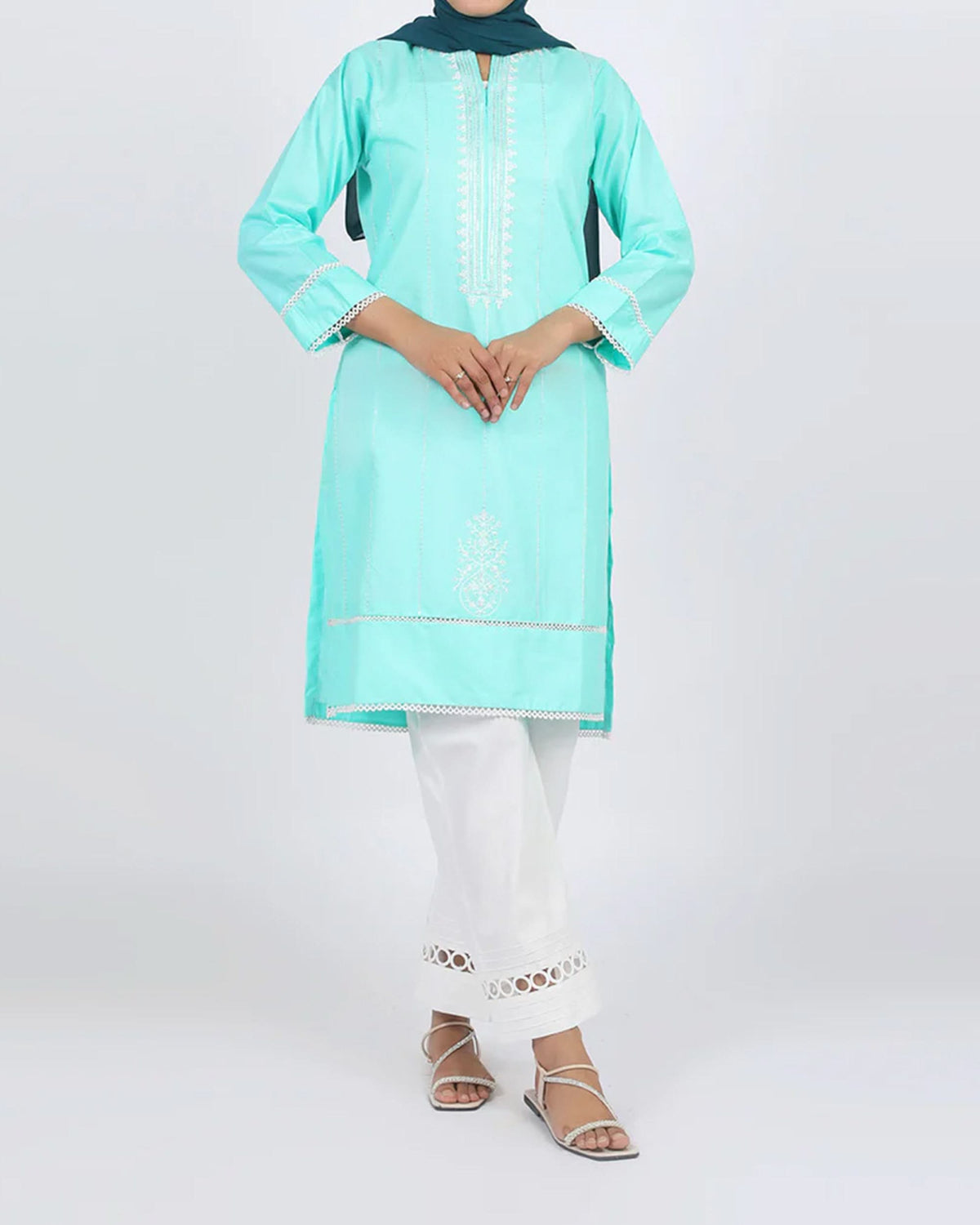 Women's Embroidered Kurti - Aqua, Women Ready Kurtis, Chase Value, Chase Value