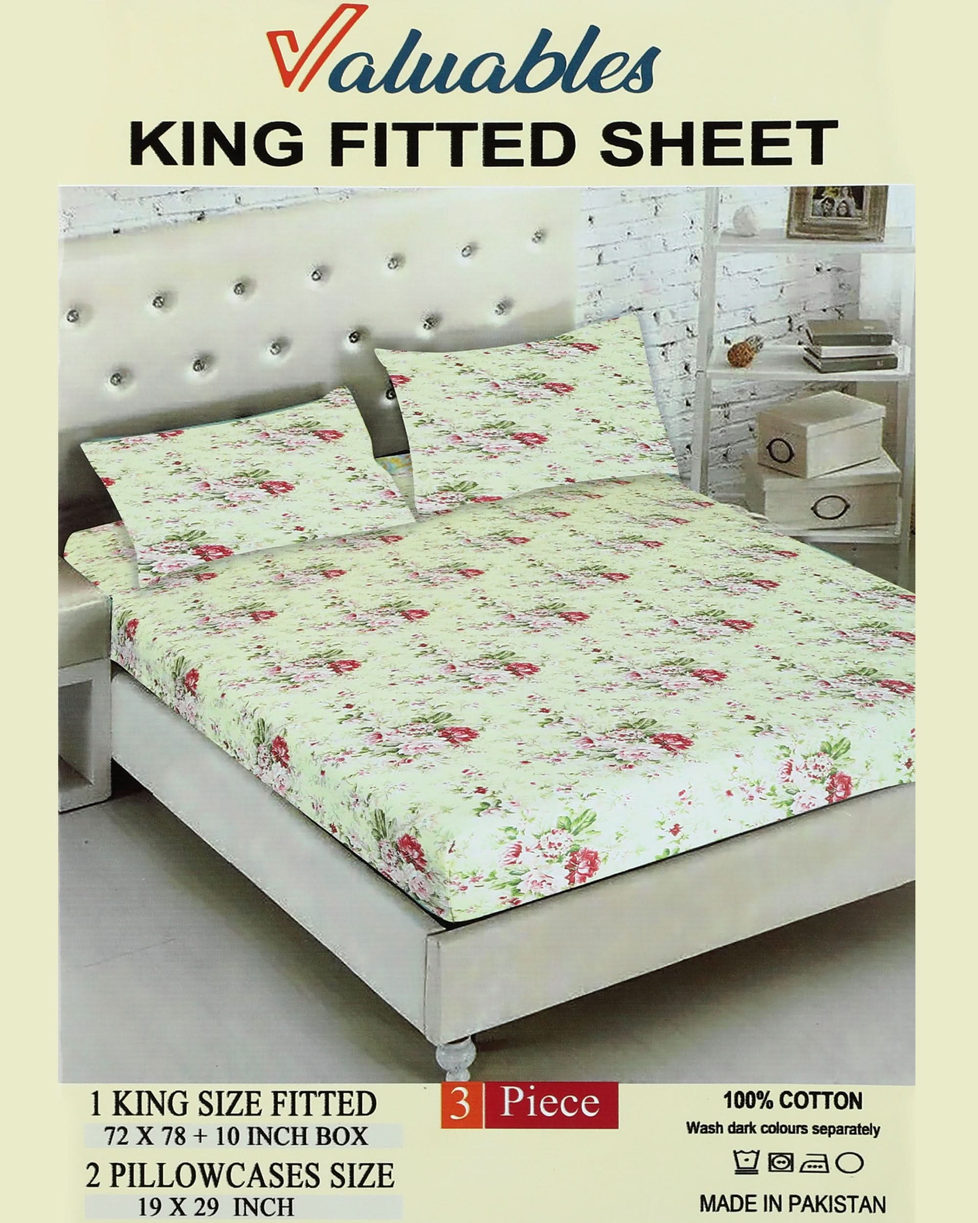 Valuables Printed Fitted Cotton Double Bedsheet with 2 Pillow Covers 180x102, Double Size Bed Sheet, Chase Value, Chase Value