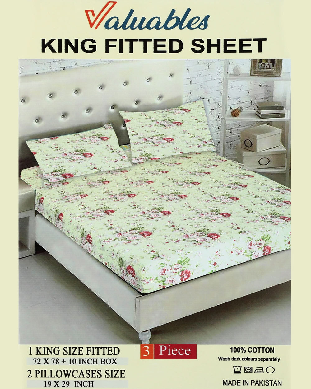Valuables Printed Fitted Cotton Double Bedsheet with 2 Pillow Covers 180x102, Double Size Bed Sheet, Chase Value, Chase Value