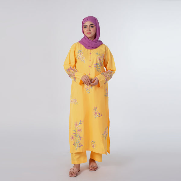 Women's Cotton Embroidered 2Pcs Suit - Yellow