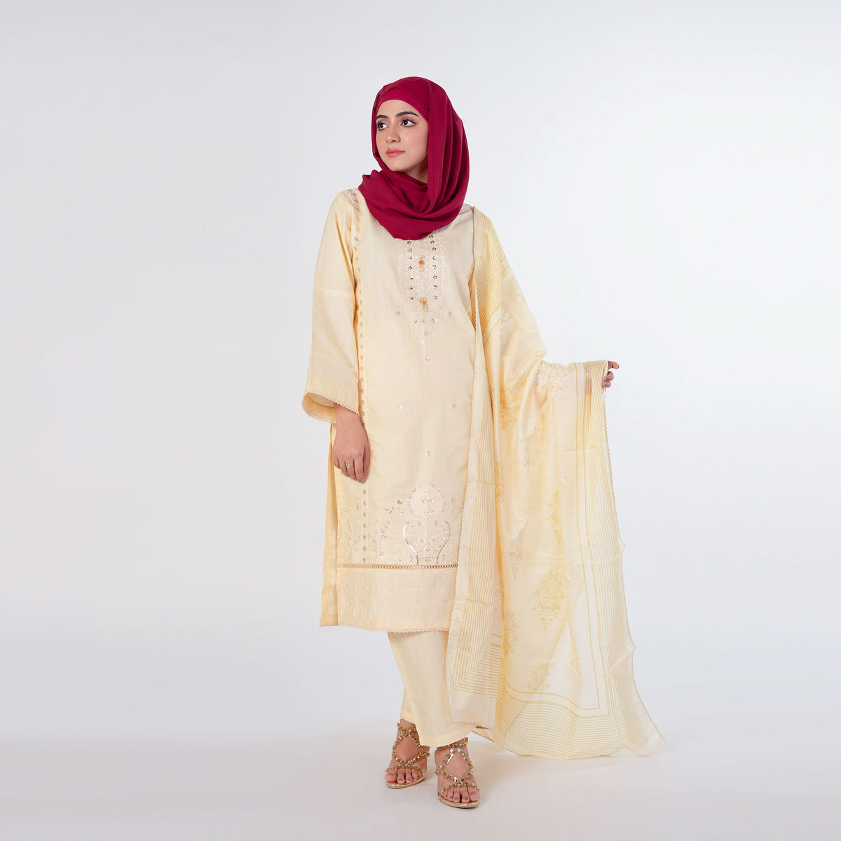 Women's Embroidered Jacquard 3Pcs Suit - Skin, Women Shalwar Suits, Chase Value, Chase Value