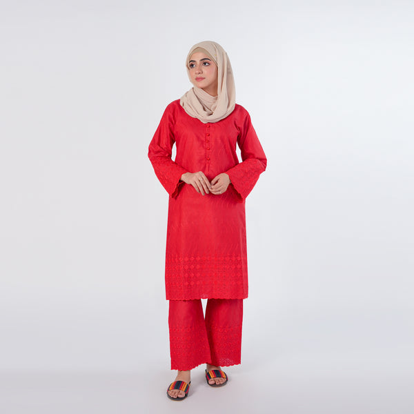 Women's Embroidered 2pcs Stitched Suit - Red