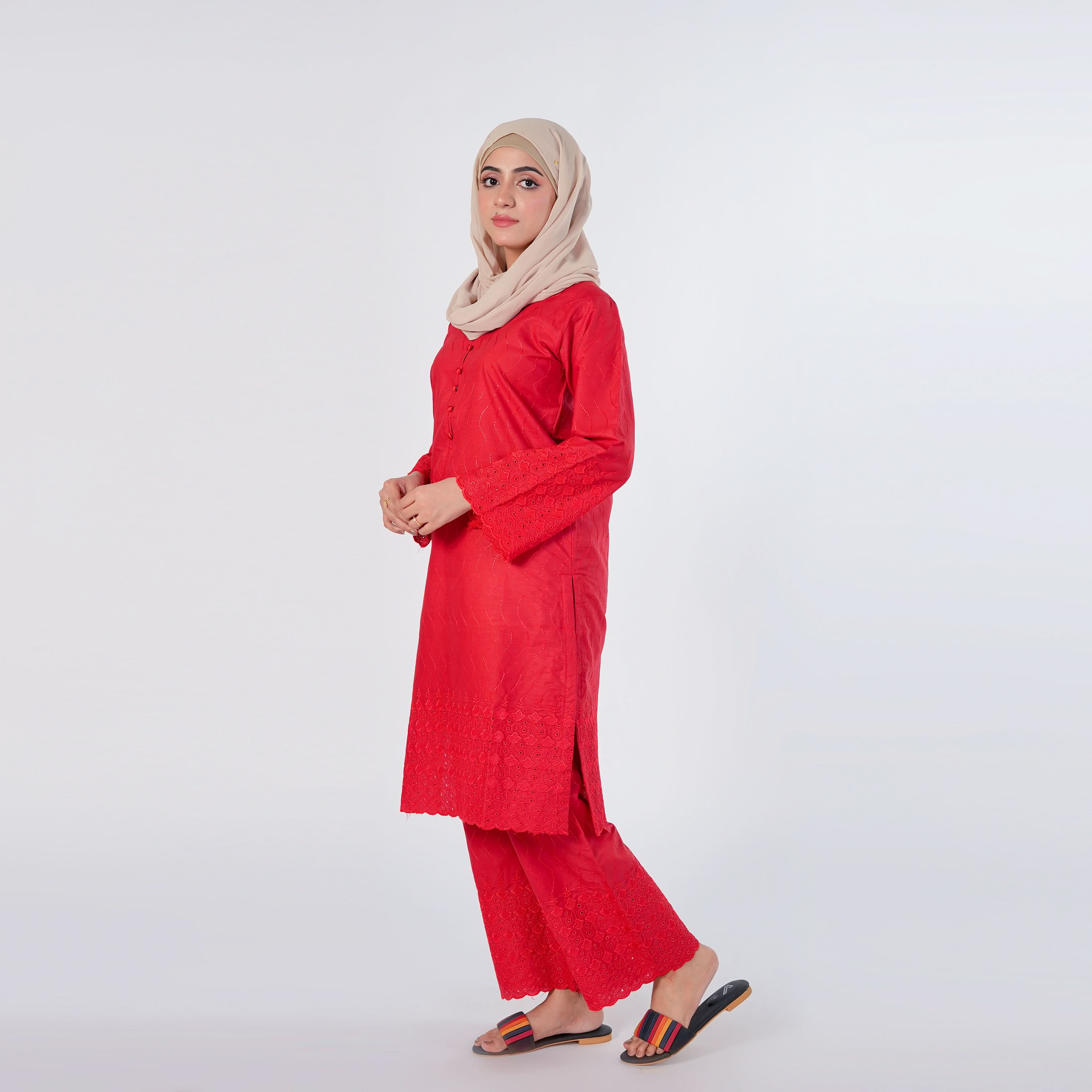 Women's Embroidered 2pcs Stitched Suit - Red, Women Shalwar Suits, Chase Value, Chase Value