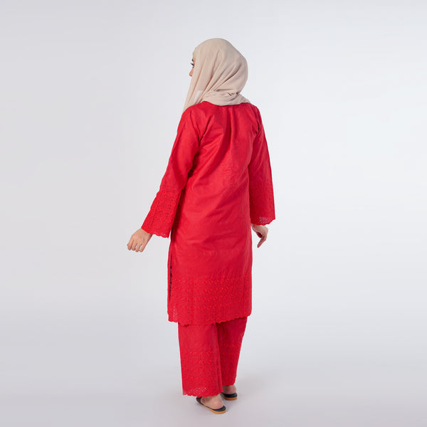 Women's Embroidered 2pcs Stitched Suit - Red