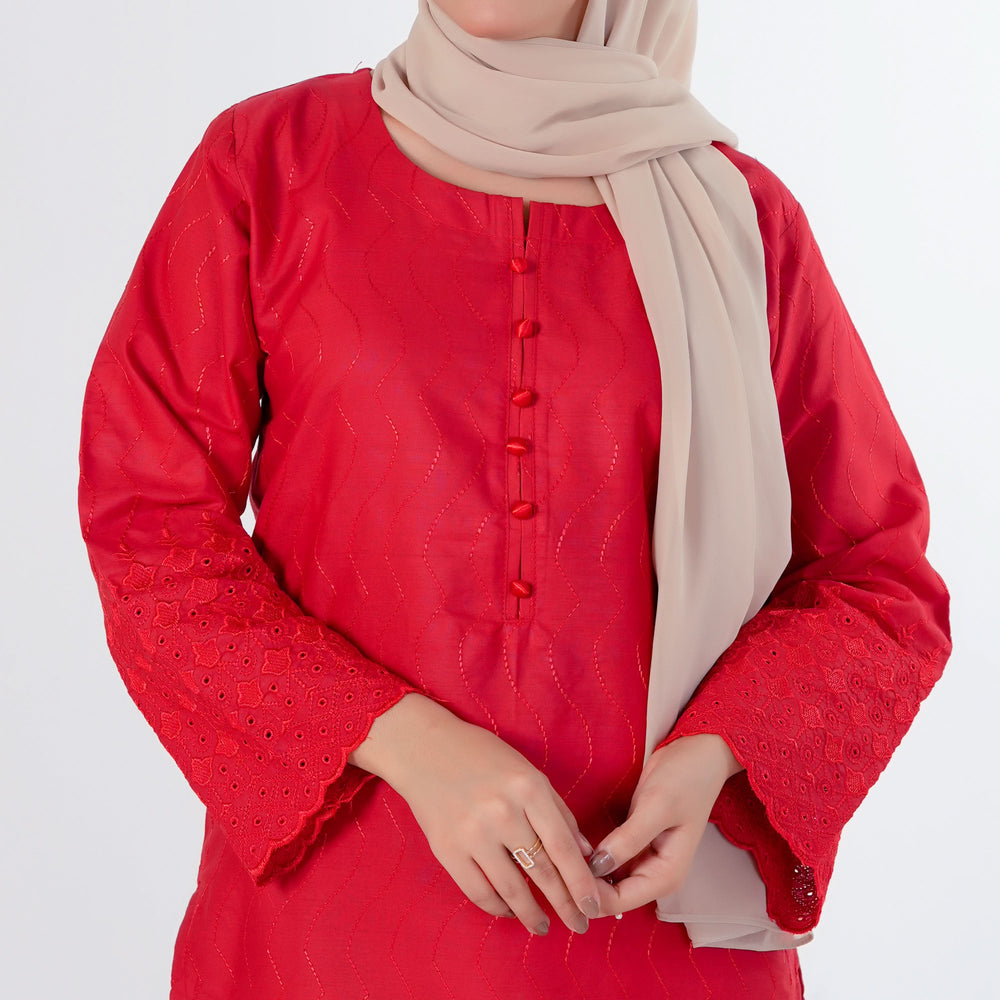 Women's Embroidered 2pcs Stitched Suit - Red, Women Shalwar Suits, Chase Value, Chase Value