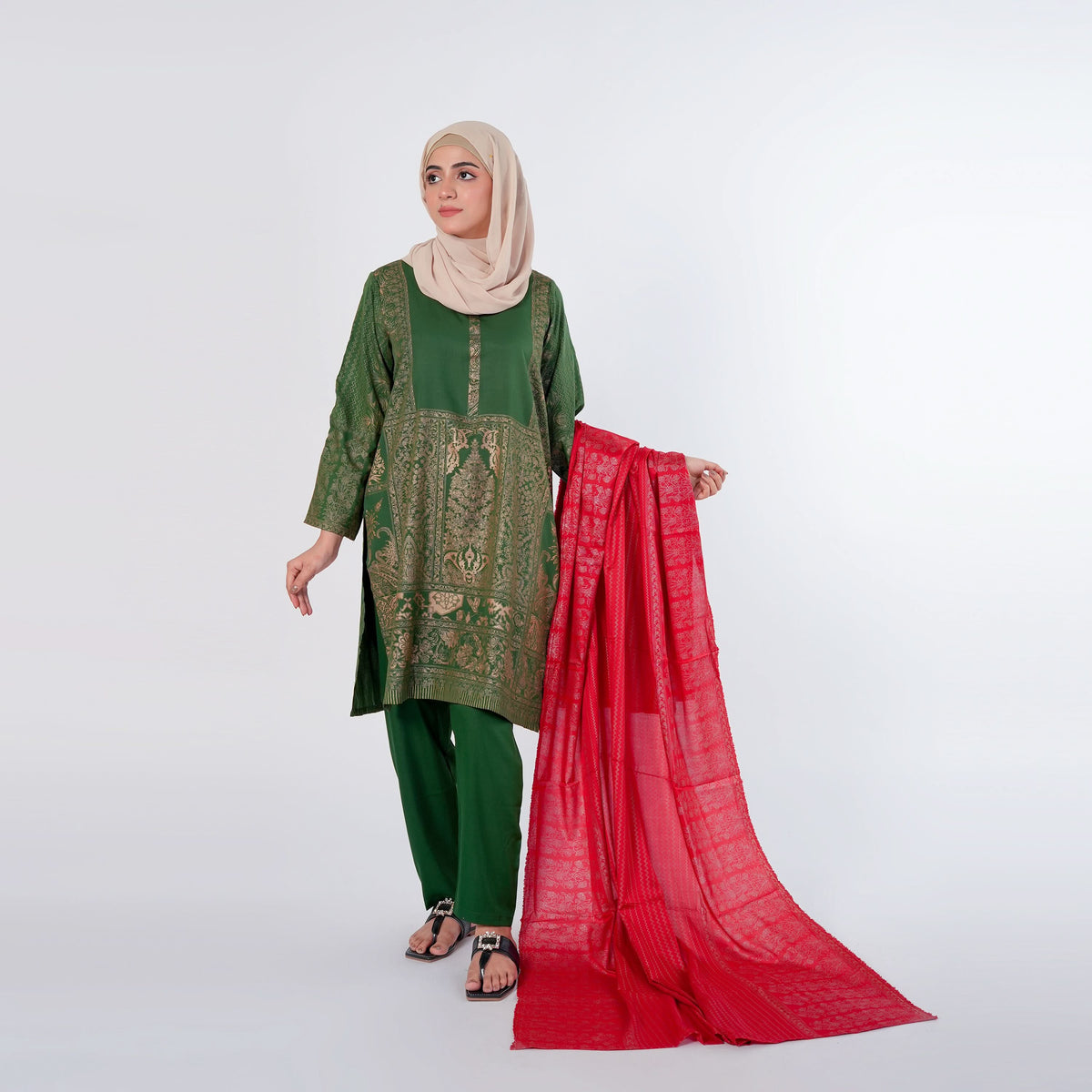 Women's 03pcs Stitched Suit - Green, Women Shalwar Suits, Chase Value, Chase Value
