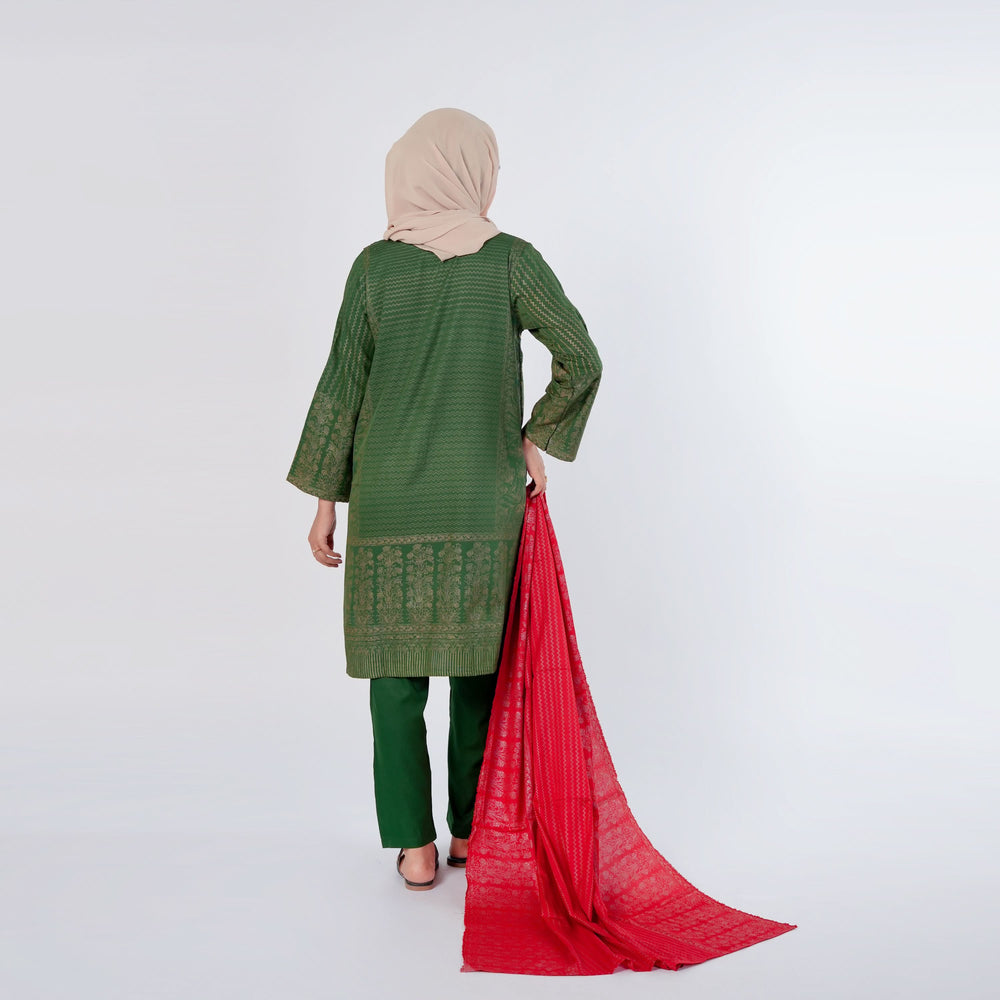 Women's 03pcs Stitched Suit - Green, Women Shalwar Suits, Chase Value, Chase Value