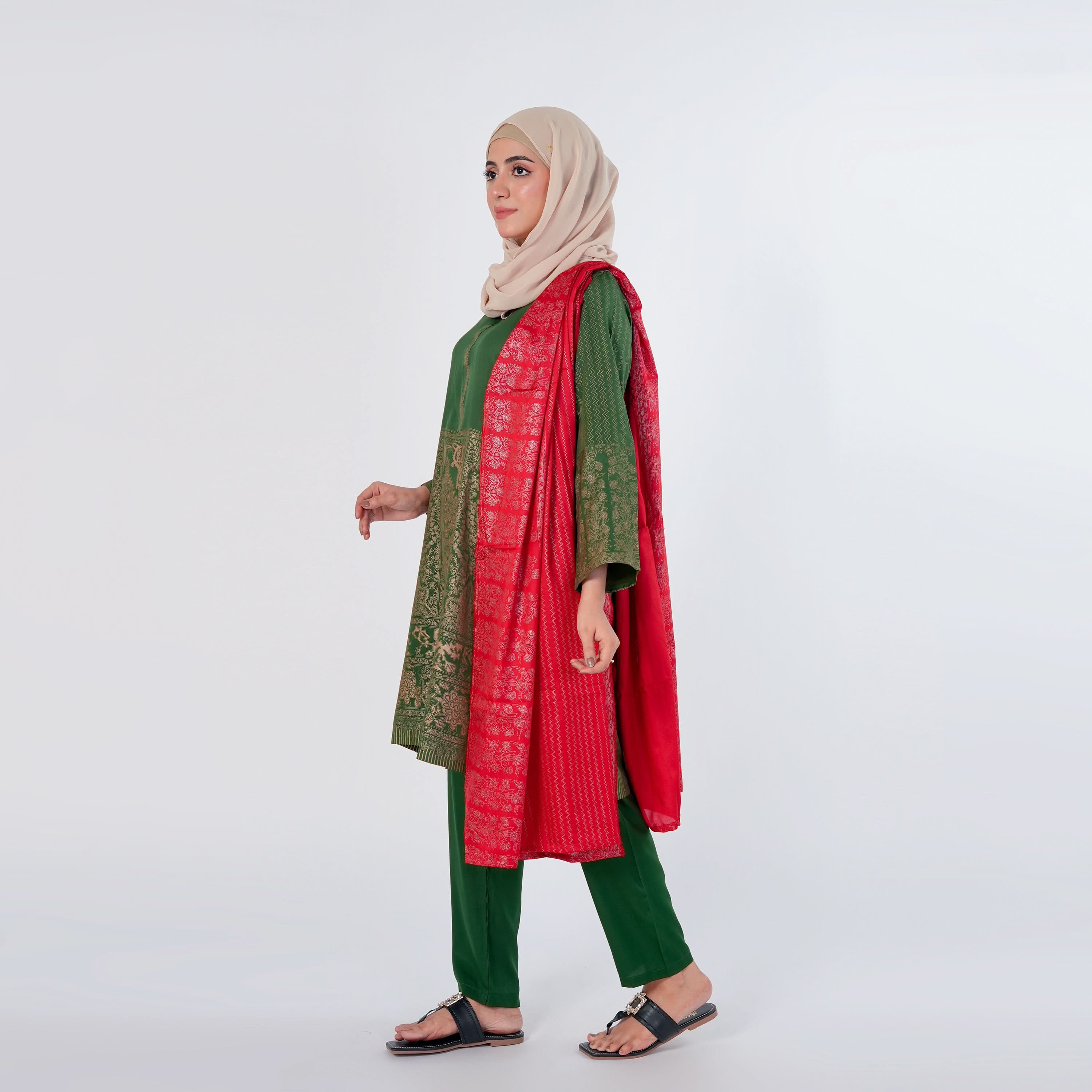 Women's 03pcs Stitched Suit - Green, Women Shalwar Suits, Chase Value, Chase Value
